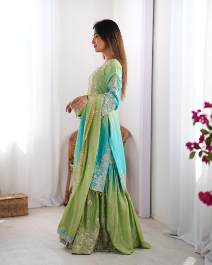 Designer Chinon Silk Kurta and Sharara Set with Intricate Hand Embroidery