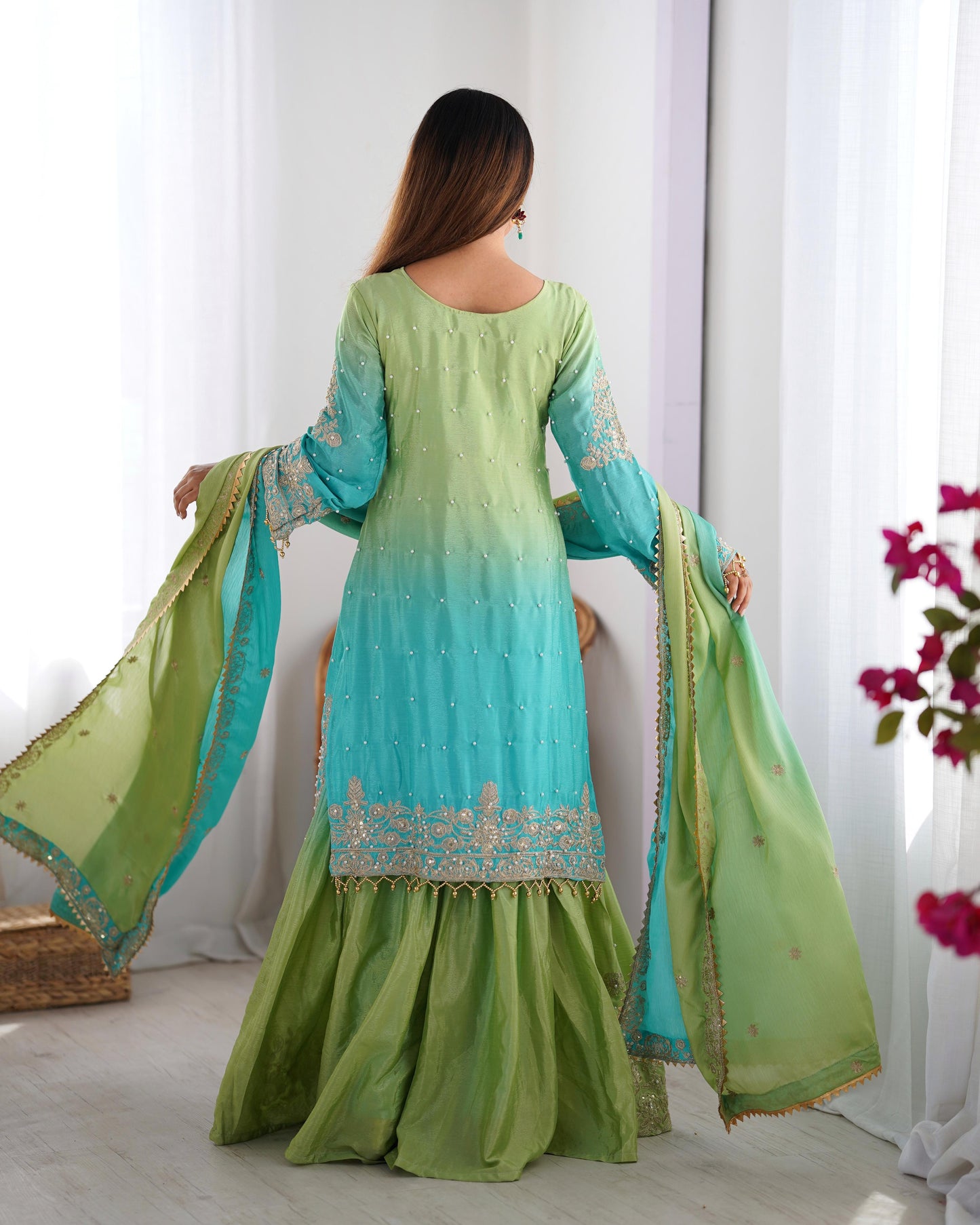 Designer Chinon Silk Kurta and Sharara Set with Intricate Hand Embroidery