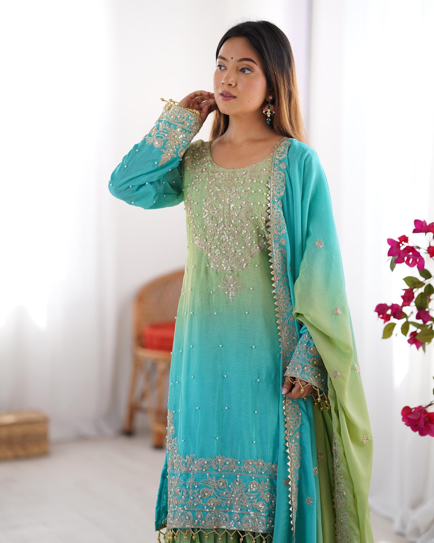 Designer Chinon Silk Kurta and Sharara Set with Intricate Hand Embroidery