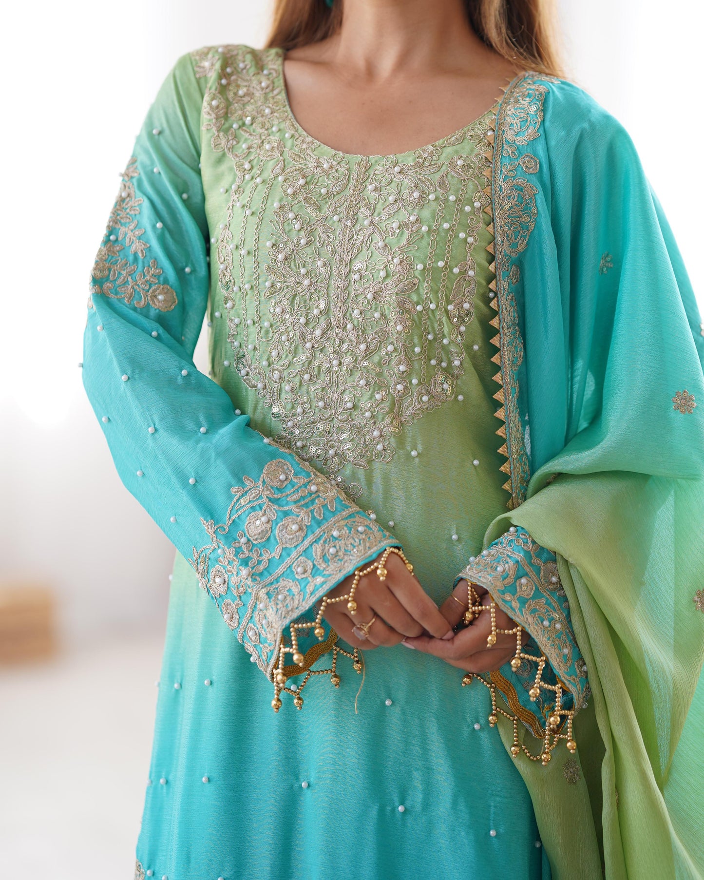 Designer Chinon Silk Kurta and Sharara Set with Intricate Hand Embroidery