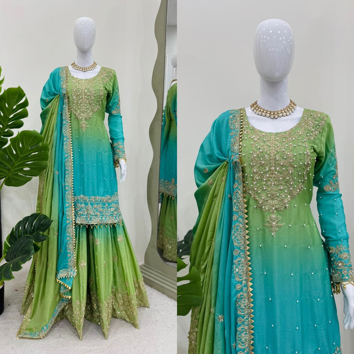 Designer Chinon Silk Kurta and Sharara Set with Intricate Hand Embroidery