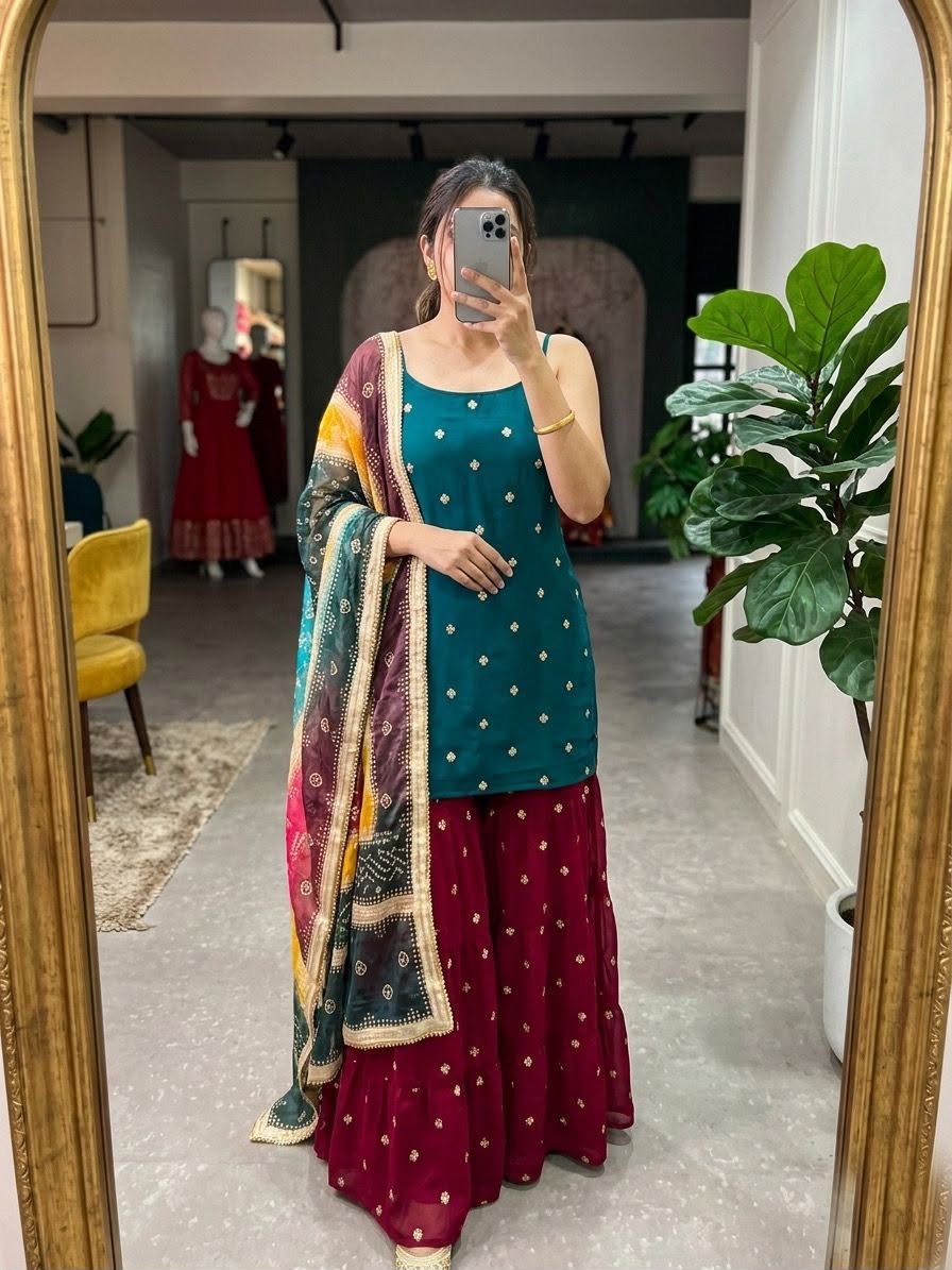 Vibrant Teal and Maroon Blooming Georgette Kurta Set with Multi-Color Bandhani Dupatta