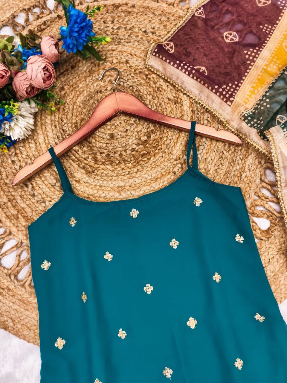 Vibrant Teal and Maroon Blooming Georgette Kurta Set with Multi-Color Bandhani Dupatta