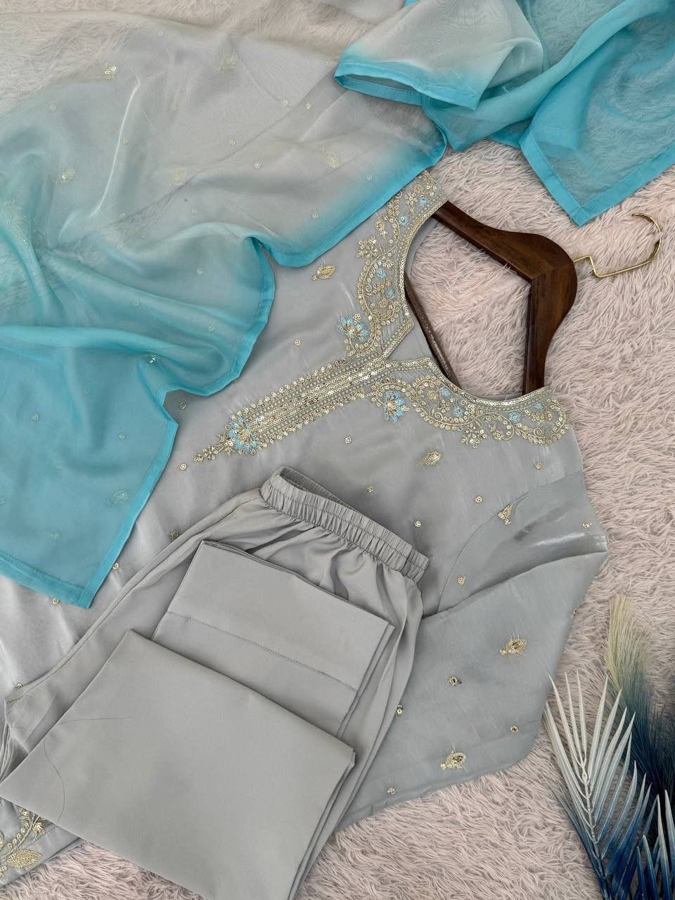 Aura Silver-Blue Signature Handcrafted Jimmy Choo Silk Ensemble