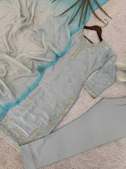 Aura Silver-Blue Signature Handcrafted Jimmy Choo Silk Ensemble