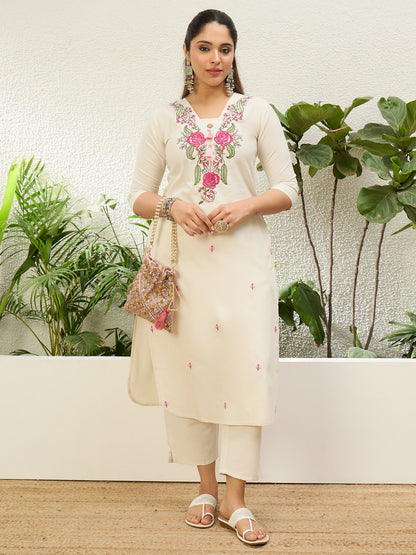 Delicate Off-White Floral Embroidered Kurta Pant Set for Women