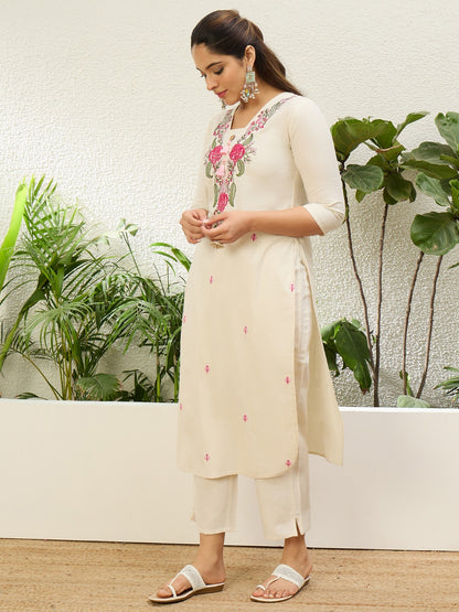 Delicate Off-White Floral Embroidered Kurta Pant Set for Women