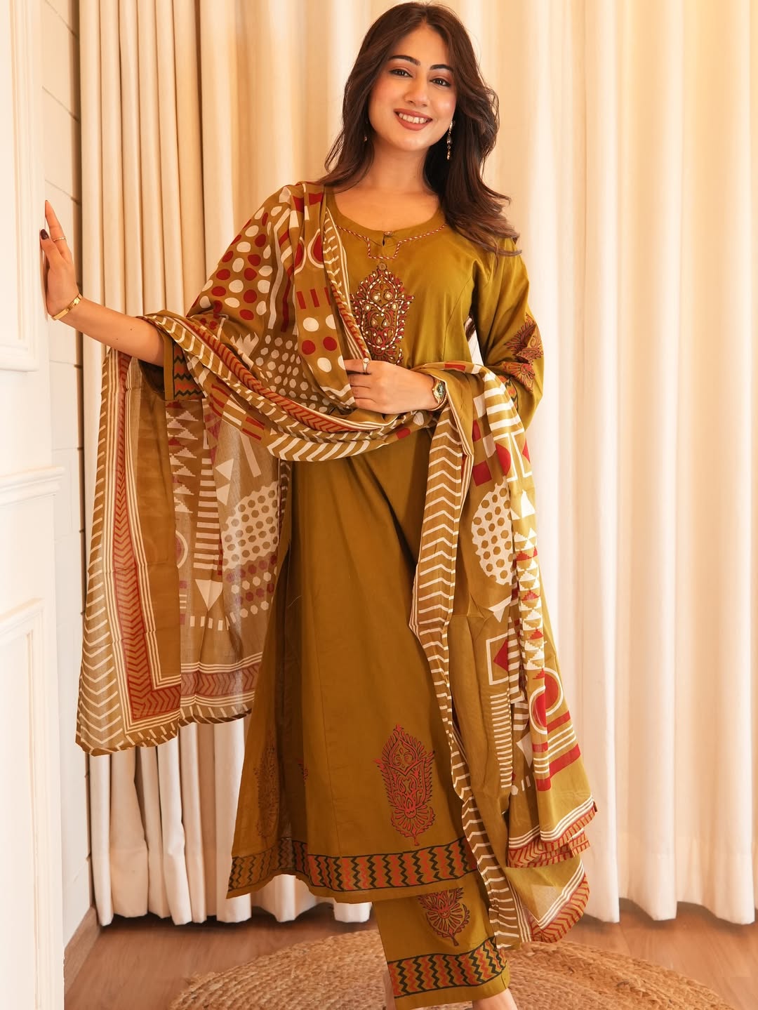 Classic Olive Embroidered Kurta Set With Printed Stole