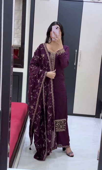 Royal Deep Purple Embroidered Straight Kurta Pant Set