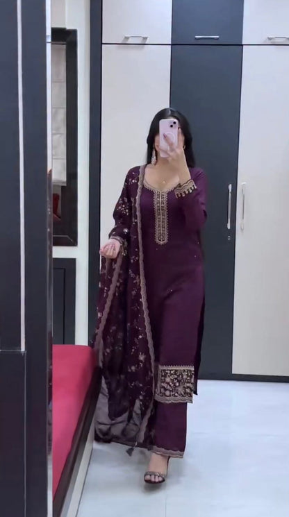 Royal Deep Purple Embroidered Straight Kurta Pant Set