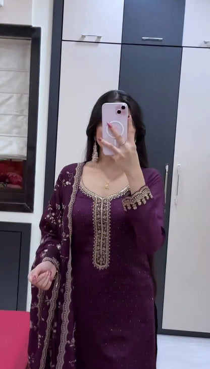 Royal Deep Purple Embroidered Straight Kurta Pant Set