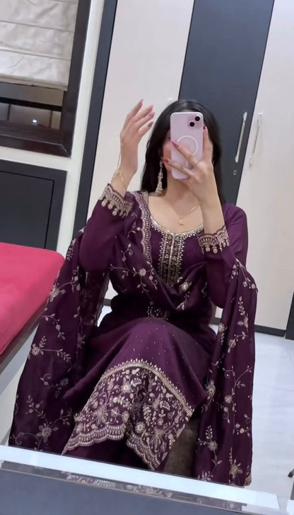 Royal Deep Purple Embroidered Straight Kurta Pant Set