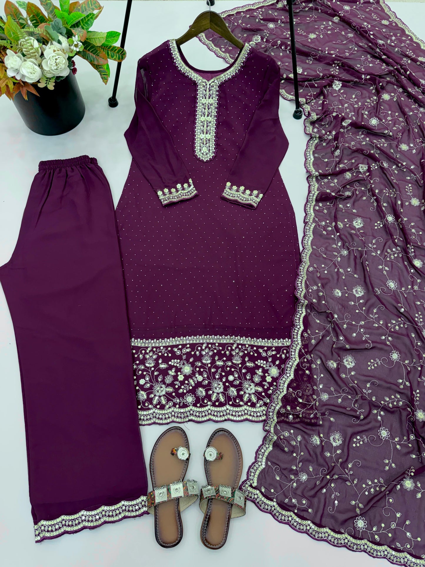 Royal Deep Purple Embroidered Straight Kurta Pant Set