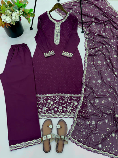 Royal Deep Purple Embroidered Straight Kurta Pant Set