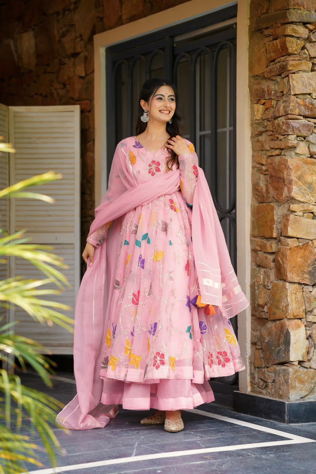 Vibrant Pink Floral Embroidered Anarkali Suit Set
