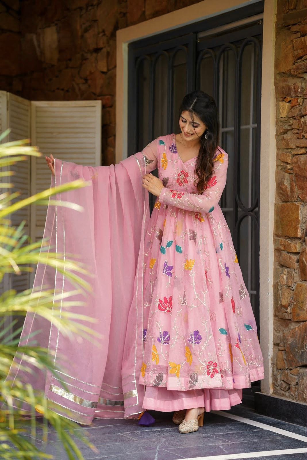 Vibrant Pink Floral Embroidered Anarkali Suit Set