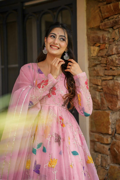 Vibrant Pink Floral Embroidered Anarkali Suit Set