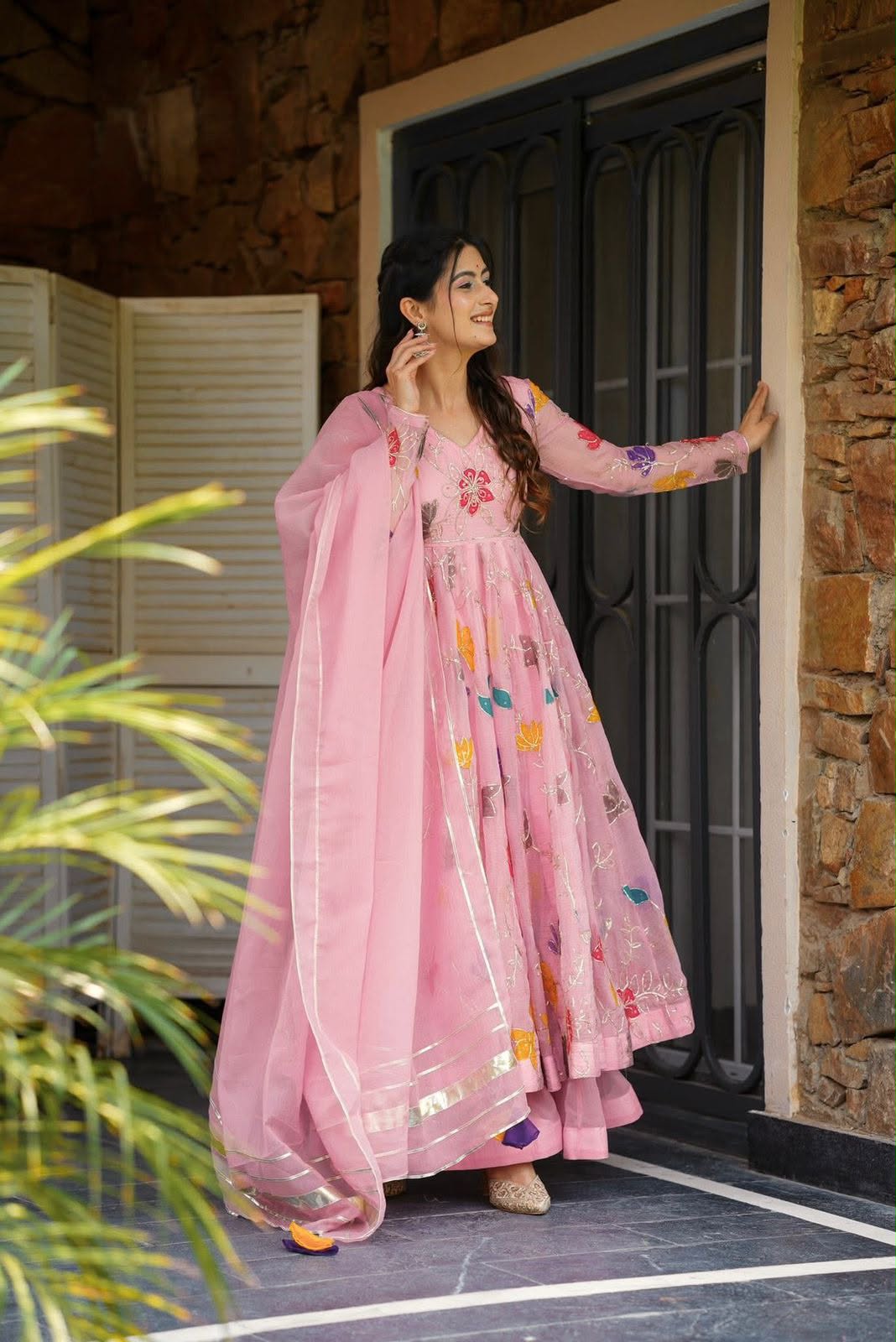 Vibrant Pink Floral Embroidered Anarkali Suit Set