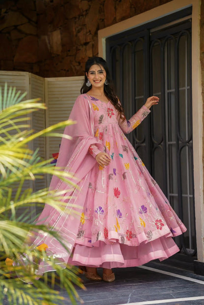 Vibrant Pink Floral Embroidered Anarkali Suit Set