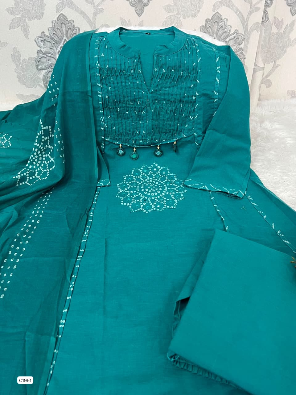 Radiant Teal Blue Bandhani Printed Ethnic Ensemble