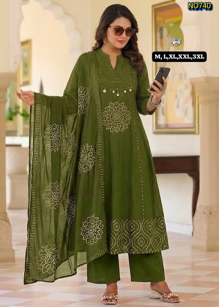 Trendy Olive Green Kurta Set With Dupatta