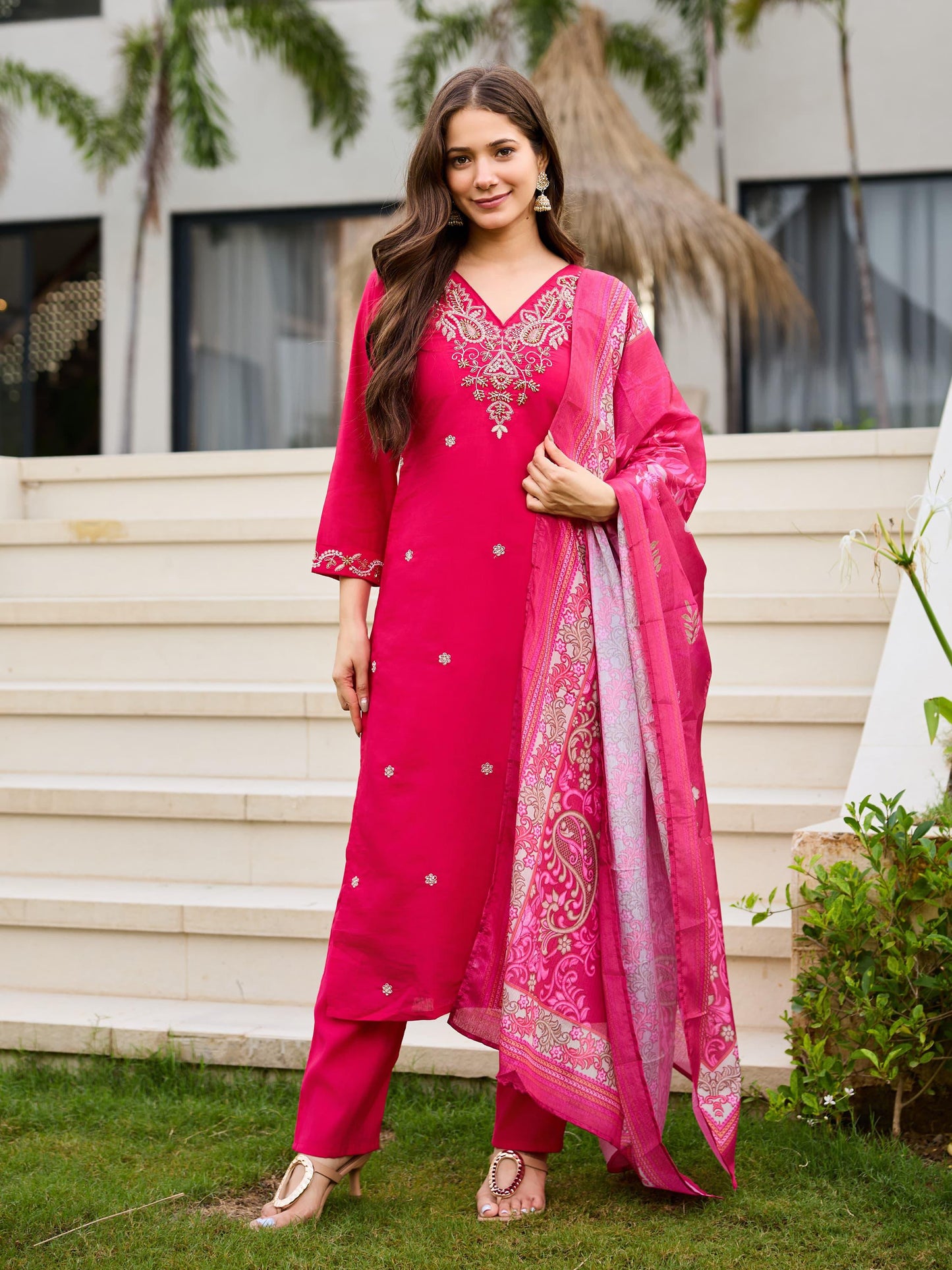 Elegant Rani Pink Embroidered Suit Set for Women