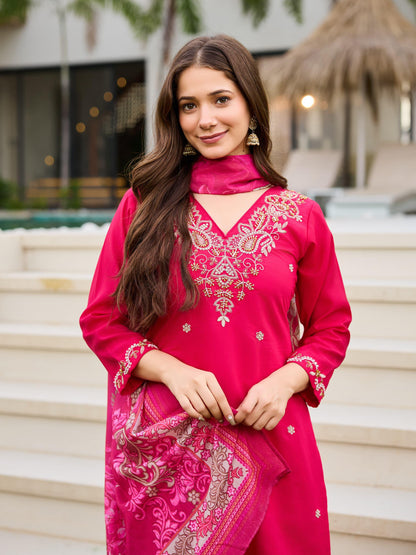 Elegant Rani Pink Embroidered Suit Set for Women
