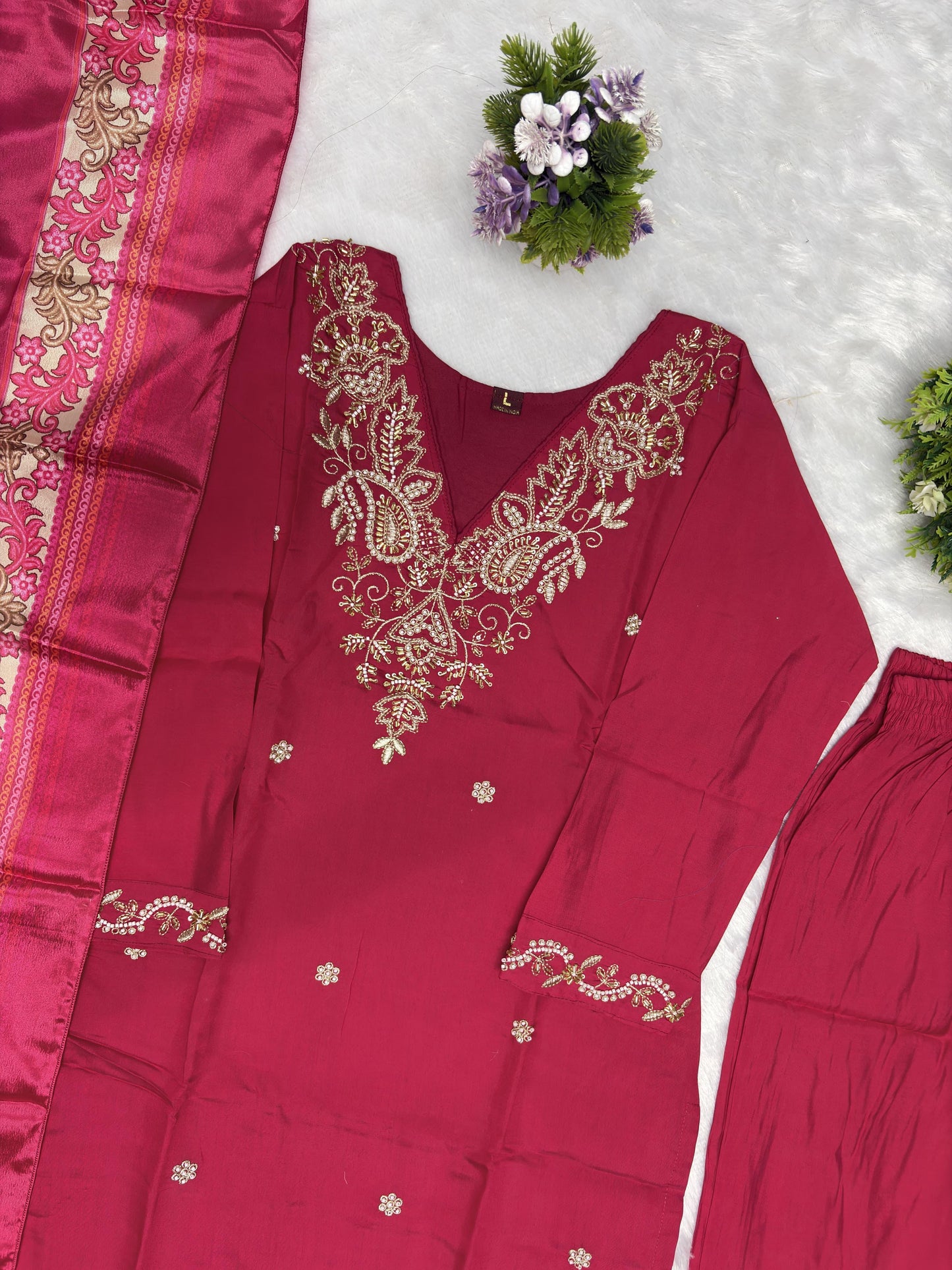 Elegant Rani Pink Embroidered Suit Set for Women