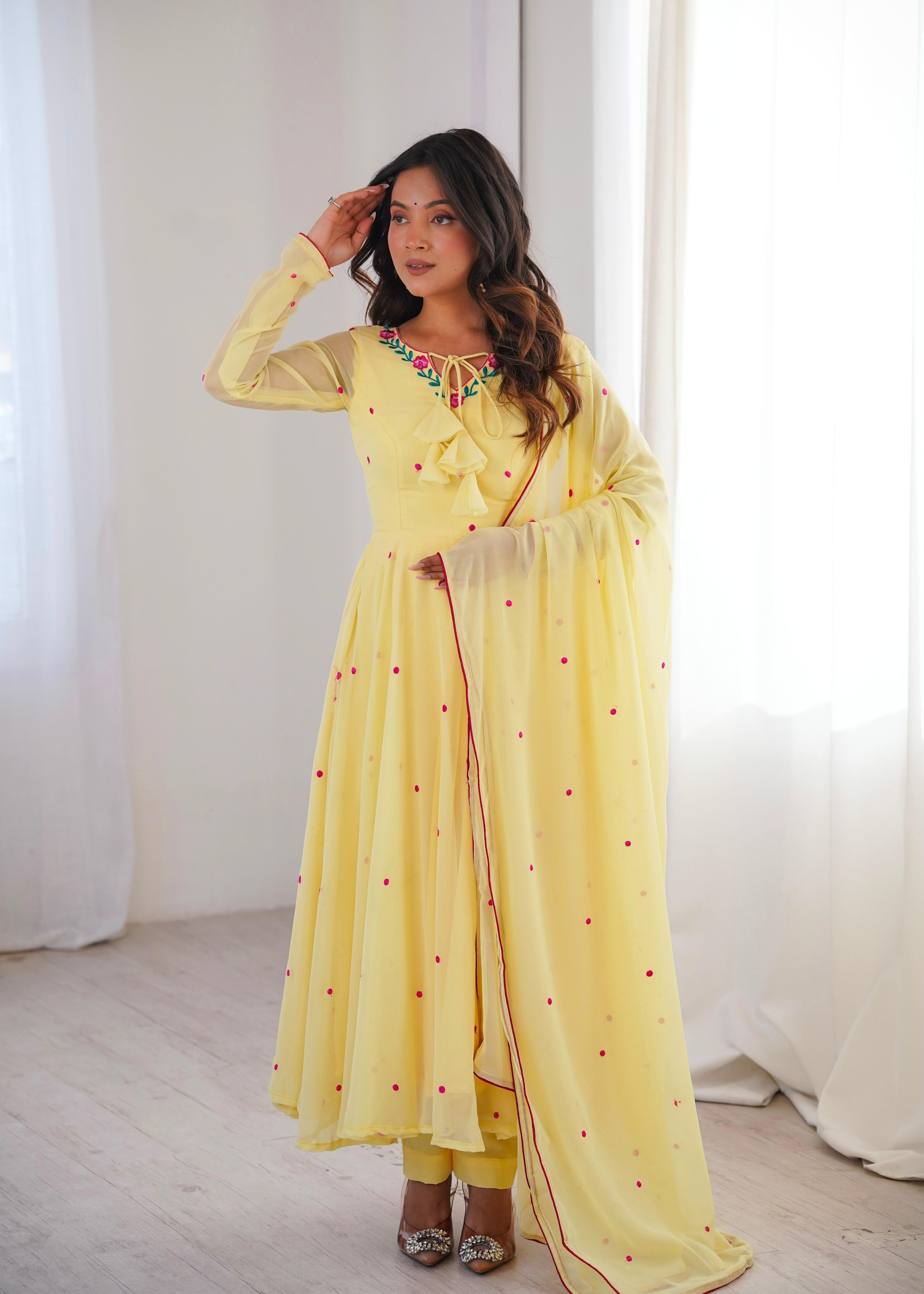 Sunshine Yellow Embroidered Anarkali Suit Set with Elegant Dupatta