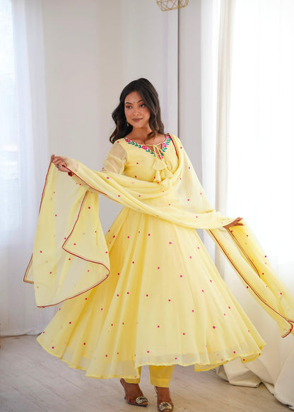 Sunshine Yellow Embroidered Anarkali Suit Set with Elegant Dupatta