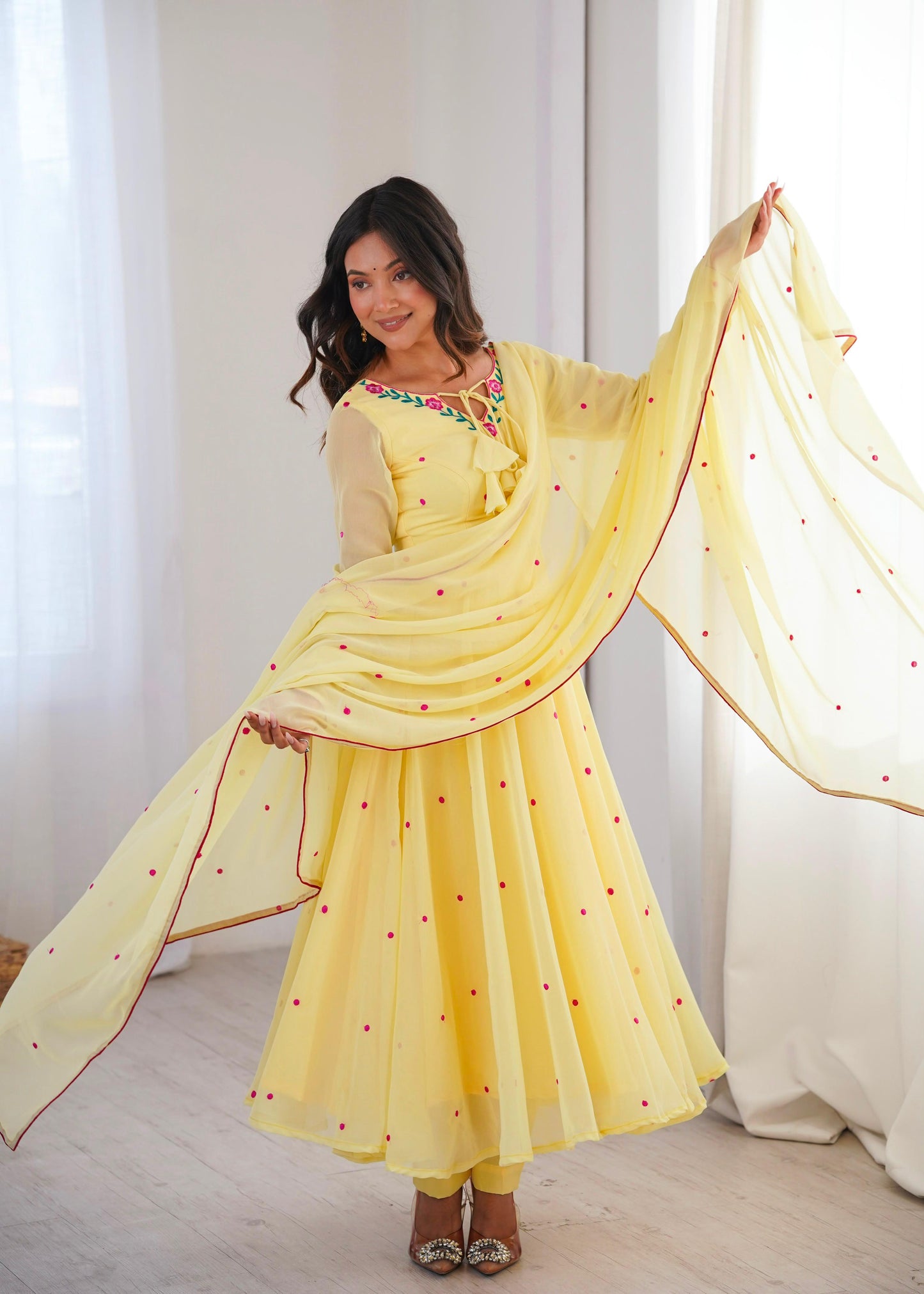 Sunshine Yellow Embroidered Anarkali Suit Set with Elegant Dupatta