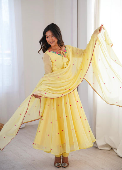 Sunshine Yellow Embroidered Anarkali Suit Set with Elegant Dupatta