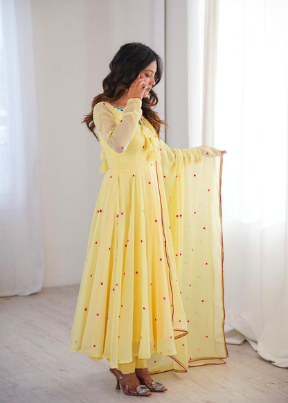 Sunshine Yellow Embroidered Anarkali Suit Set with Elegant Dupatta