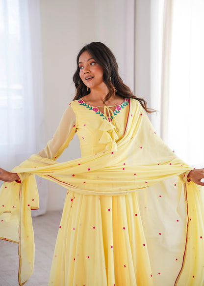 Sunshine Yellow Embroidered Anarkali Suit Set with Elegant Dupatta