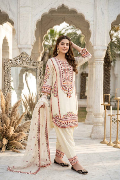 Ivory White Floral Embroidered Heavy Mal Chanderi Suit Set with Organza Dupatta
