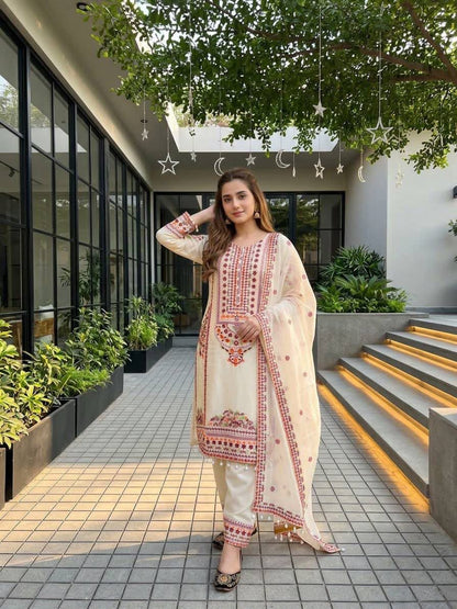Ivory White Floral Embroidered Heavy Mal Chanderi Suit Set with Organza Dupatta