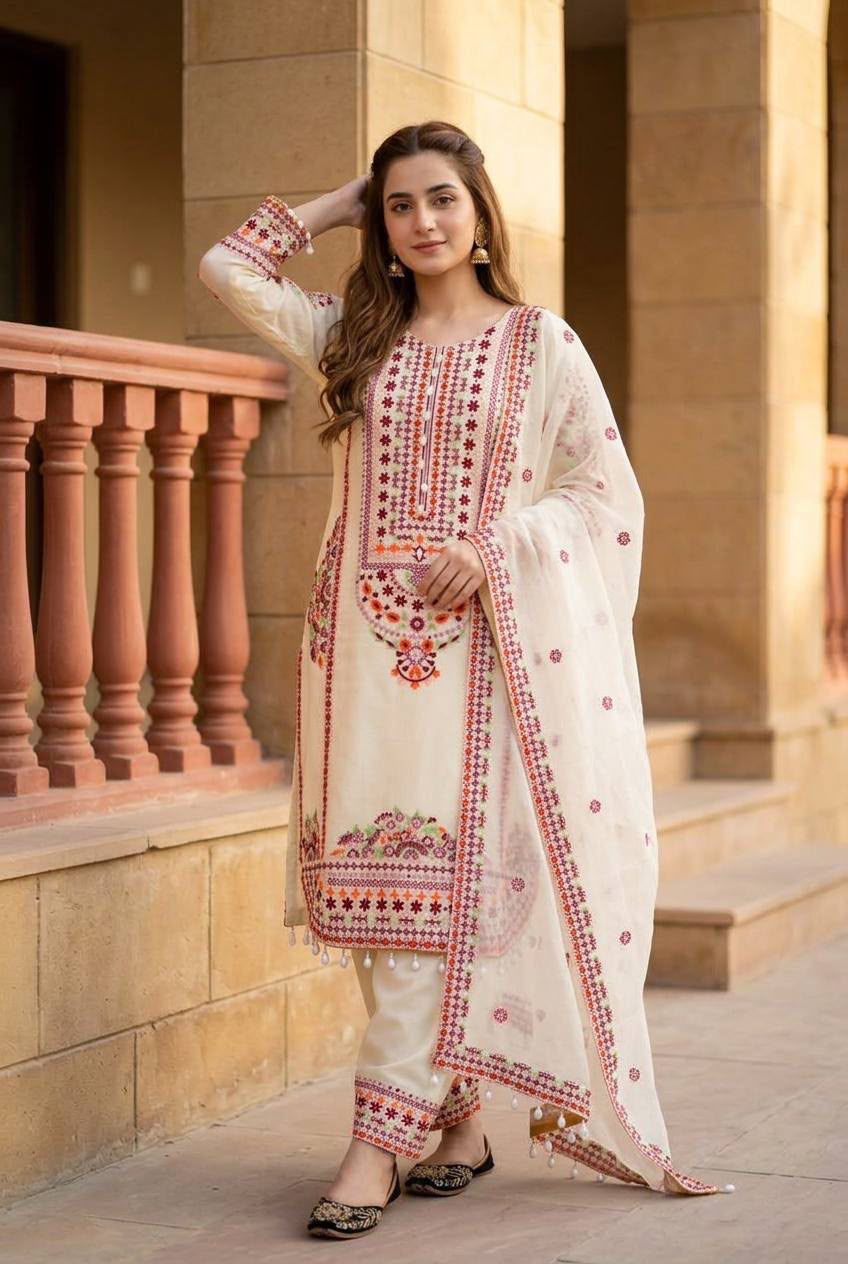 Ivory White Floral Embroidered Heavy Mal Chanderi Suit Set with Organza Dupatta