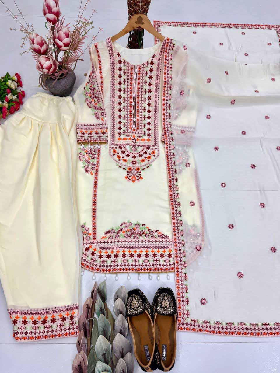 Ivory White Floral Embroidered Heavy Mal Chanderi Suit Set with Organza Dupatta