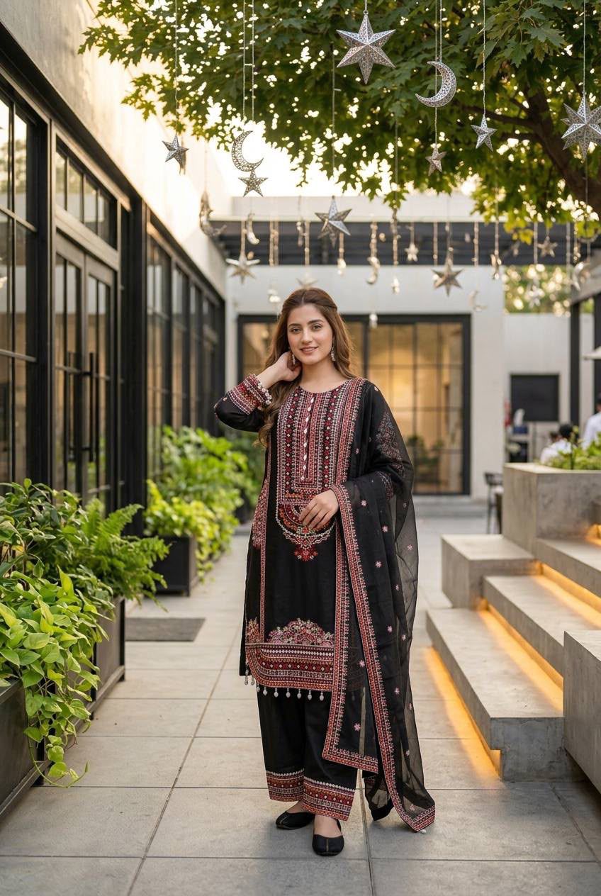 Midnight Black Floral Embroidered Heavy Mal Chanderi Suit Set with Organza Dupatta
