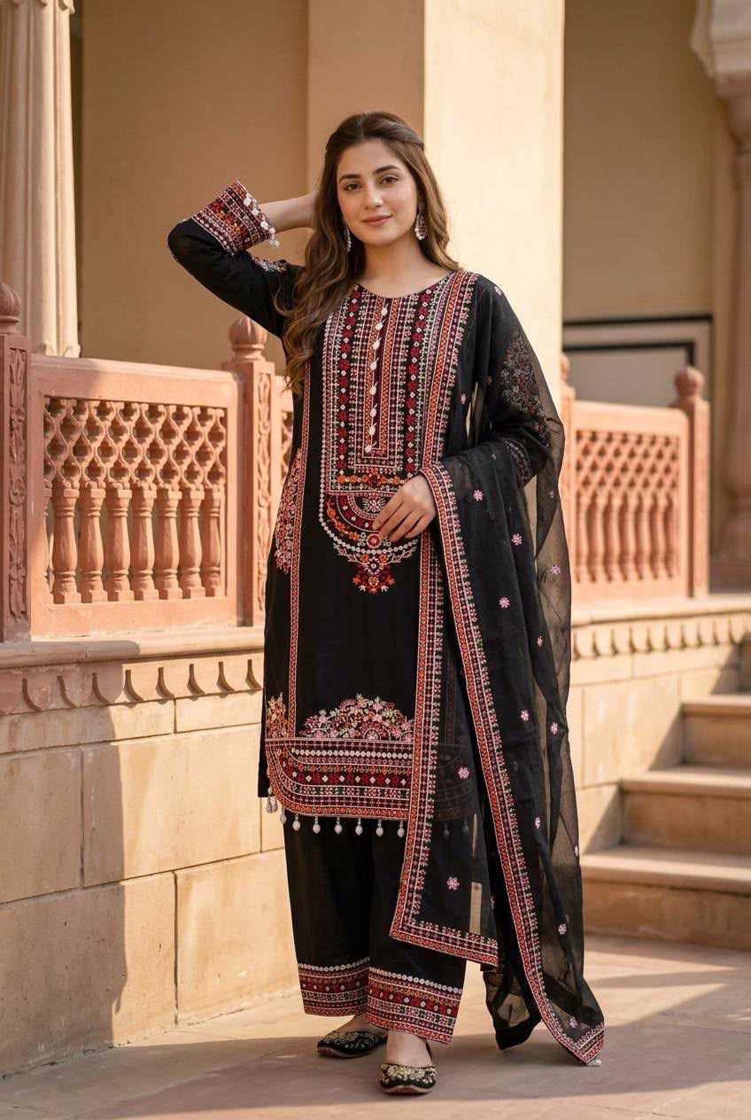 Midnight Black Floral Embroidered Heavy Mal Chanderi Suit Set with Organza Dupatta