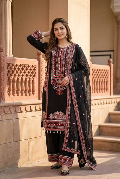 Midnight Black Floral Embroidered Heavy Mal Chanderi Suit Set with Organza Dupatta