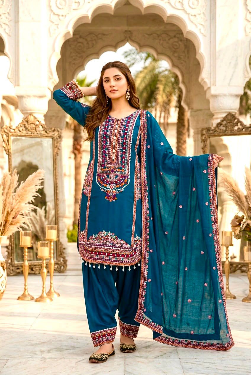 Royal Teal Blue Floral Embroidered Cotton Suit Set with Organza Dupatta