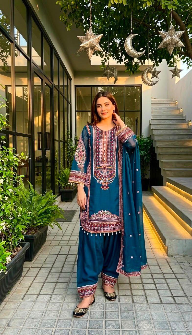 Royal Teal Blue Floral Embroidered Cotton Suit Set with Organza Dupatta