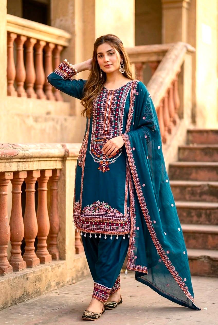 Royal Teal Blue Floral Embroidered Cotton Suit Set with Organza Dupatta