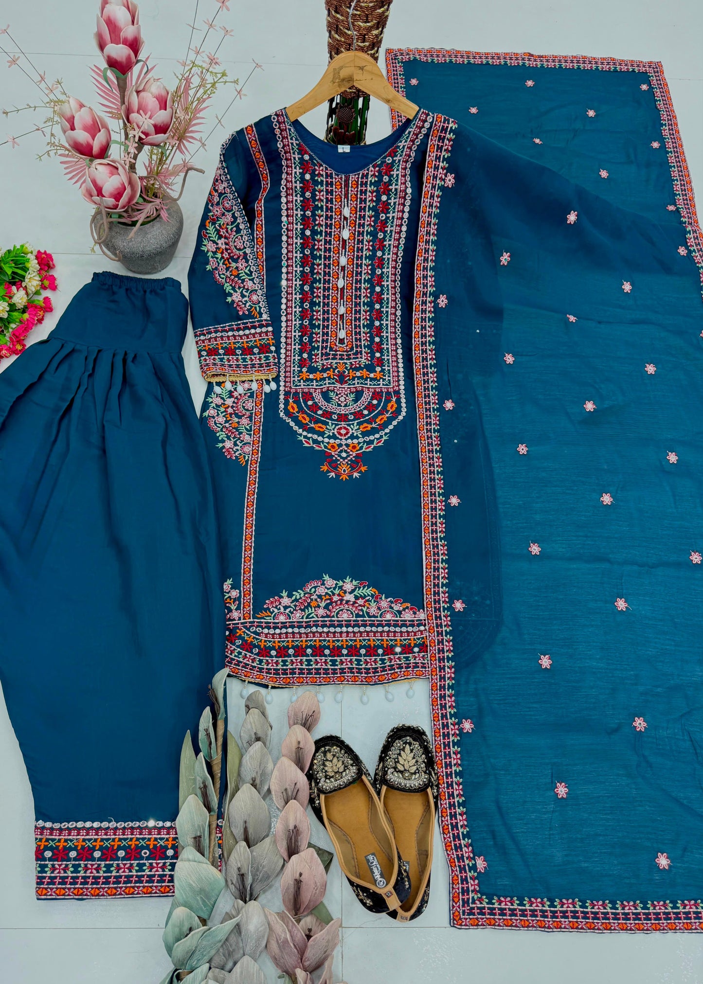 Royal Teal Blue Floral Embroidered Cotton Suit Set with Organza Dupatta
