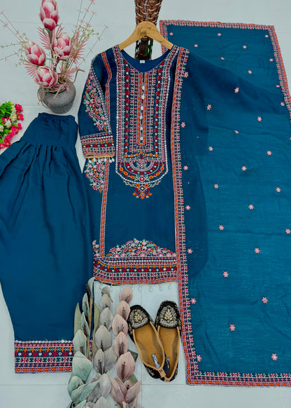 Royal Teal Blue Floral Embroidered Cotton Suit Set with Organza Dupatta