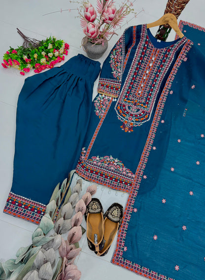 Royal Teal Blue Floral Embroidered Cotton Suit Set with Organza Dupatta