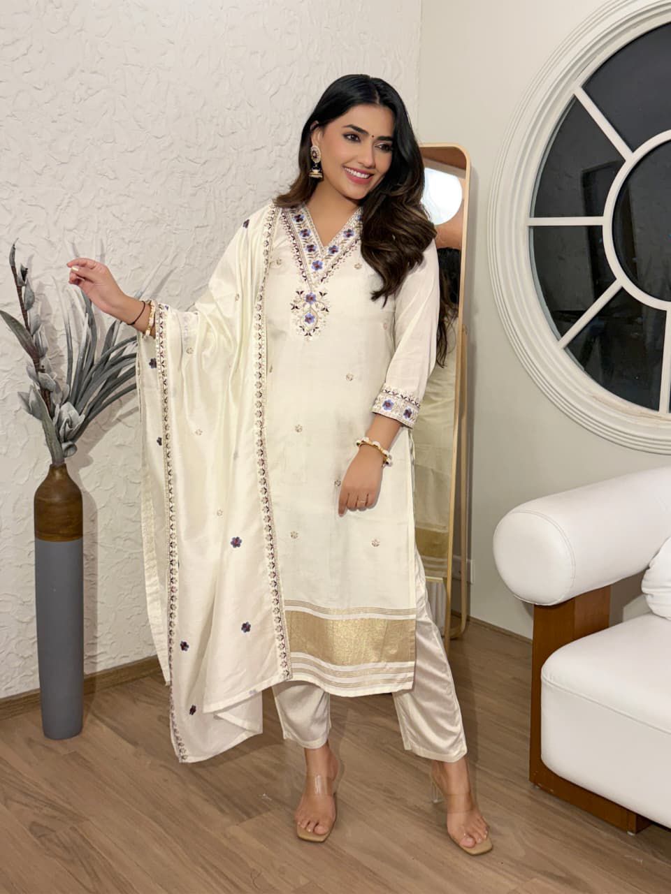 Trendy Embroidered Cotton Silk Kurta Set with Dupatta for Women