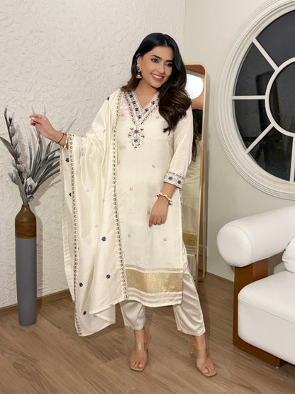 Trendy Embroidered Cotton Silk Kurta Set with Dupatta for Women