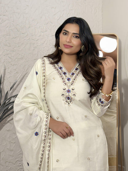 Trendy Embroidered Cotton Silk Kurta Set with Dupatta for Women